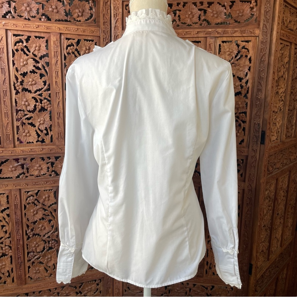 White Ruffled Victorian Edwardian Western lace trim crochet button down Blouse - Picture 11 of 14